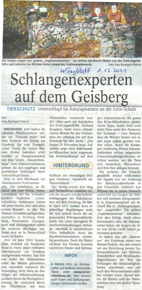 Presseartikel "Schlangenexperten auf dem Geisberg" vom 1.12.2011, Wiesbadener Tagblatt
